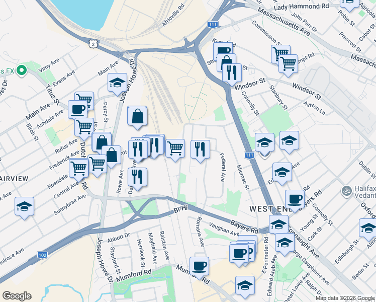 map of restaurants, bars, coffee shops, grocery stores, and more near 3421 Federal Avenue in Halifax
