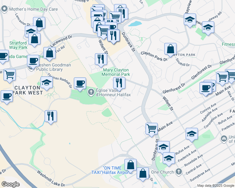 map of restaurants, bars, coffee shops, grocery stores, and more near Westridge Drive in Halifax