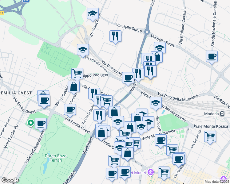 map of restaurants, bars, coffee shops, grocery stores, and more near 66 Via A. Casoli in Modena
