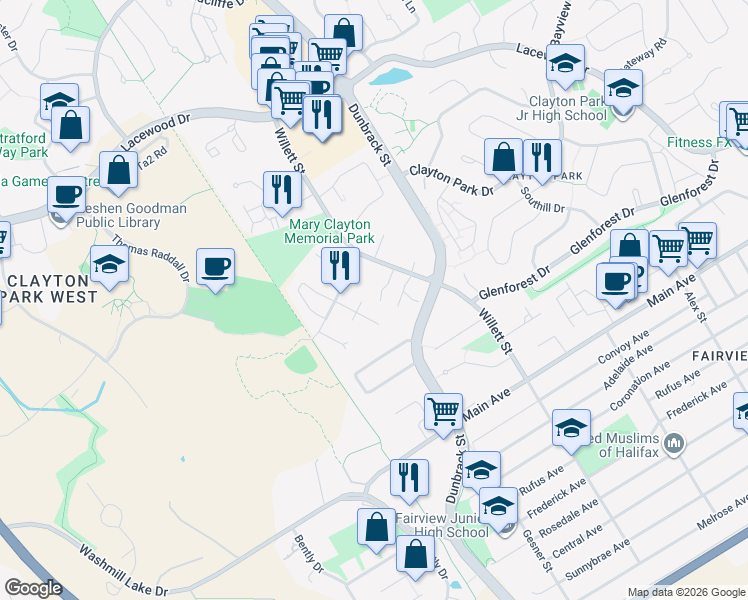 map of restaurants, bars, coffee shops, grocery stores, and more near 30 Chelsea Lane in Halifax