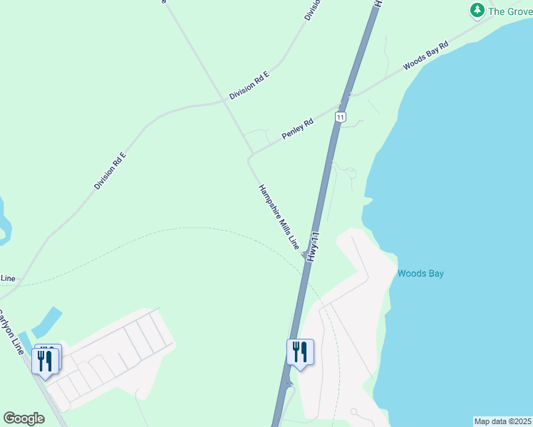 map of restaurants, bars, coffee shops, grocery stores, and more near 4048 Hampshire Mills Line in Orillia