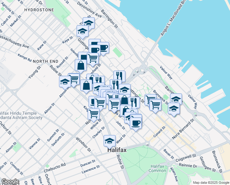 map of restaurants, bars, coffee shops, grocery stores, and more near 5571 North Street in Halifax
