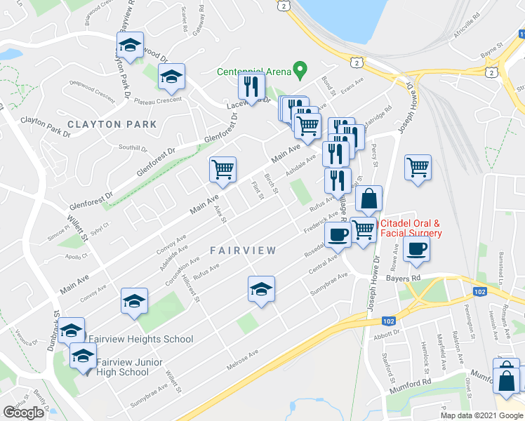 map of restaurants, bars, coffee shops, grocery stores, and more near 12 Adelaide Avenue in Halifax