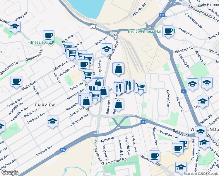 map of restaurants, bars, coffee shops, grocery stores, and more near 7107 Scot Street in Halifax
