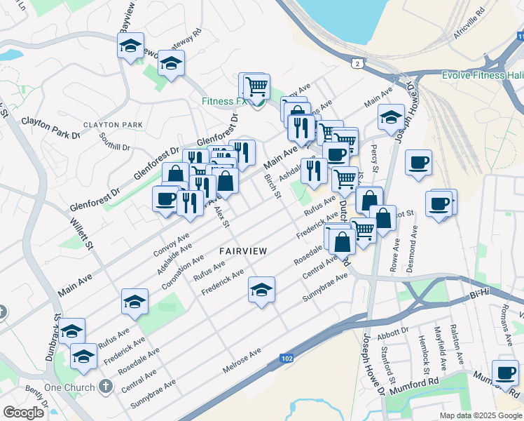 map of restaurants, bars, coffee shops, grocery stores, and more near 12 Adelaide Avenue in Halifax