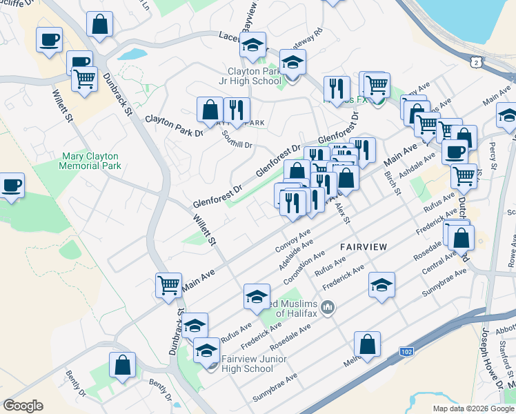 map of restaurants, bars, coffee shops, grocery stores, and more near 28 General Avenue in Halifax