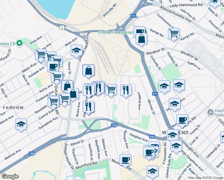 map of restaurants, bars, coffee shops, grocery stores, and more near 6967 Bayers Road in Halifax