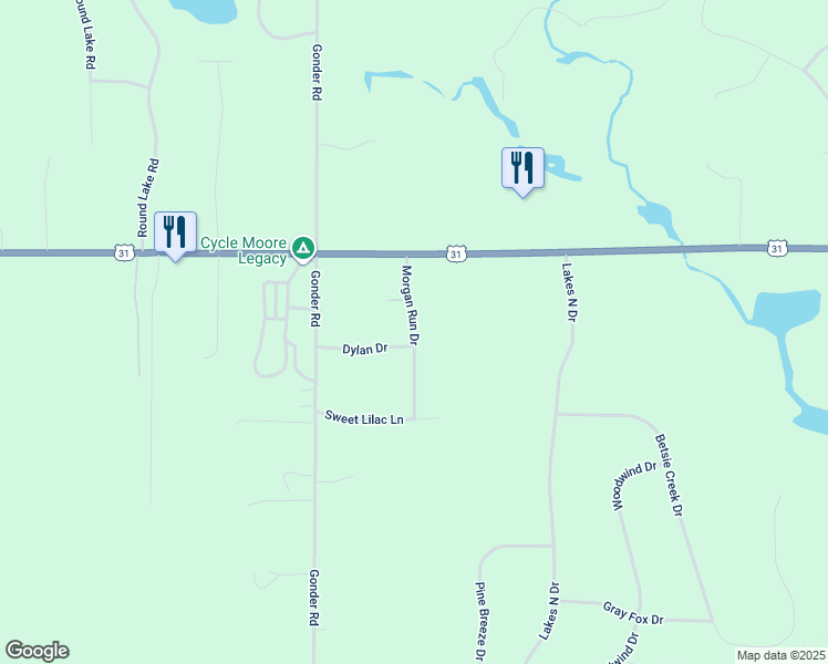 map of restaurants, bars, coffee shops, grocery stores, and more near Morgan Run Drive in Interlochen