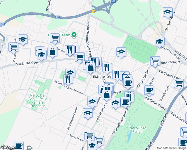 map of restaurants, bars, coffee shops, grocery stores, and more near 1-19 Via Marco Polo in Modena