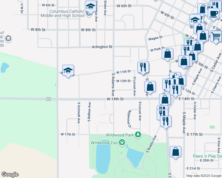 map of restaurants, bars, coffee shops, grocery stores, and more near 1212 South Adams Avenue in Marshfield