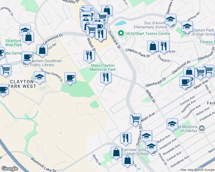 map of restaurants, bars, coffee shops, grocery stores, and more near 39 Westridge Drive in Halifax