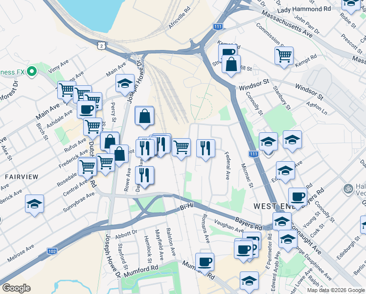 map of restaurants, bars, coffee shops, grocery stores, and more near 6967 Bayers Road in Halifax