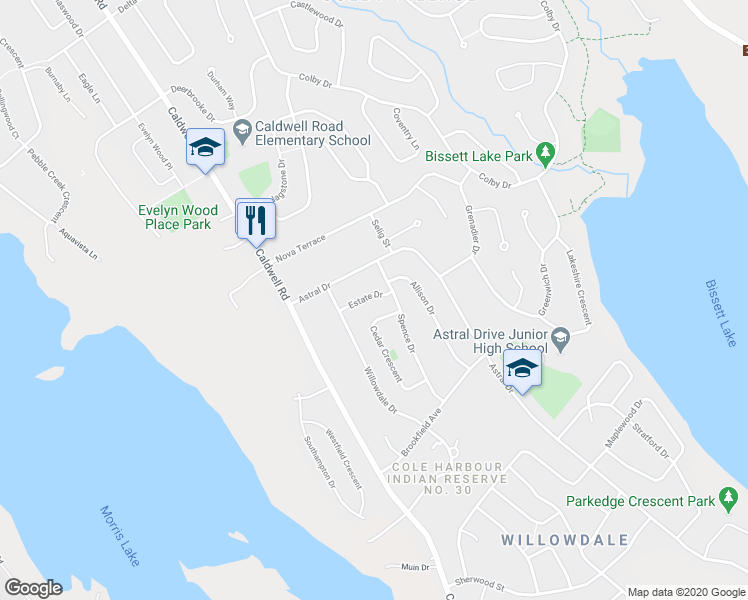 map of restaurants, bars, coffee shops, grocery stores, and more near 23 Estates Drive in Cole Harbour