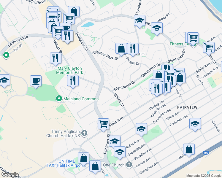 map of restaurants, bars, coffee shops, grocery stores, and more near 187 Willett Street in Halifax