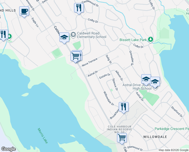 map of restaurants, bars, coffee shops, grocery stores, and more near 13 Willowdale Drive in Dartmouth