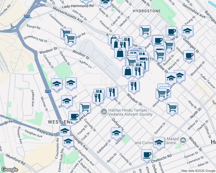 map of restaurants, bars, coffee shops, grocery stores, and more near 3255 Watch Dog Road in Halifax