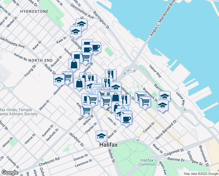 map of restaurants, bars, coffee shops, grocery stores, and more near 5571 North Street in Halifax