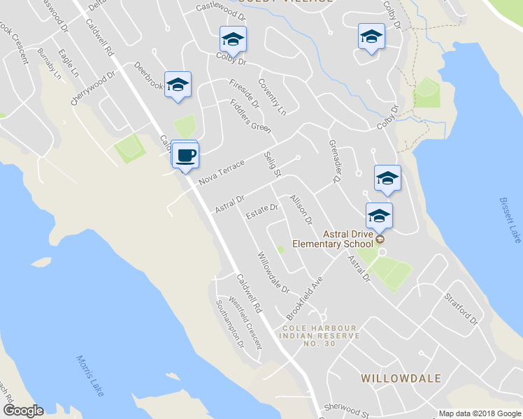 map of restaurants, bars, coffee shops, grocery stores, and more near Estates Drive in Dartmouth