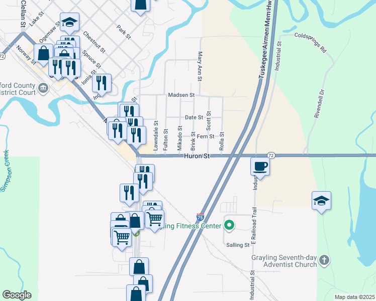 map of restaurants, bars, coffee shops, grocery stores, and more near 501-503 Huron St in Grayling