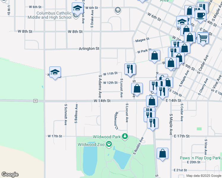 map of restaurants, bars, coffee shops, grocery stores, and more near 600 West 13th Street in Marshfield
