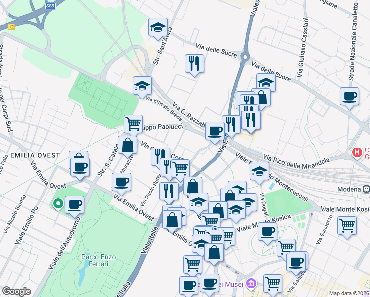 map of restaurants, bars, coffee shops, grocery stores, and more near 36-66 Via Alfonso Casoli in Modena