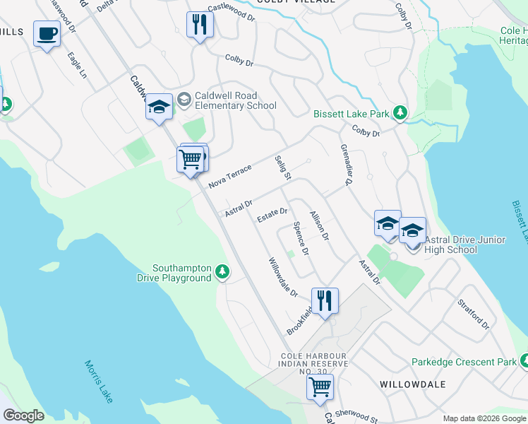 map of restaurants, bars, coffee shops, grocery stores, and more near 12 Estates Drive in Dartmouth