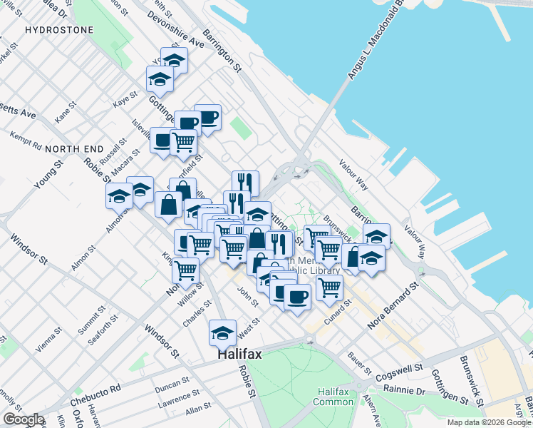 map of restaurants, bars, coffee shops, grocery stores, and more near 2542 Gottingen Street in Halifax
