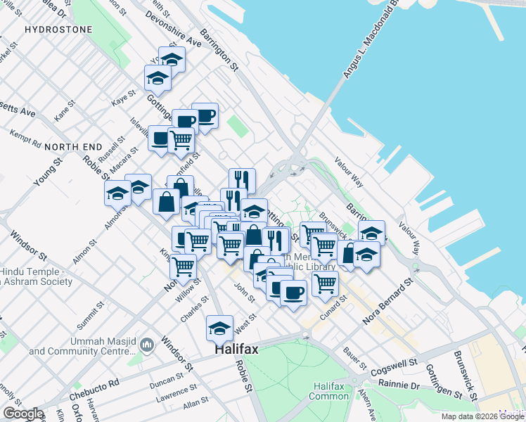 map of restaurants, bars, coffee shops, grocery stores, and more near 2542 Gottingen Street in Halifax