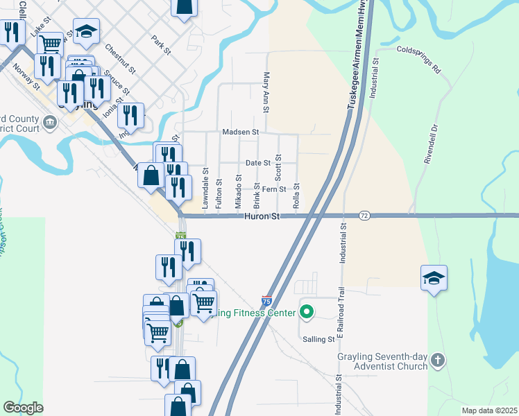 map of restaurants, bars, coffee shops, grocery stores, and more near 501 Huron Street in Grayling