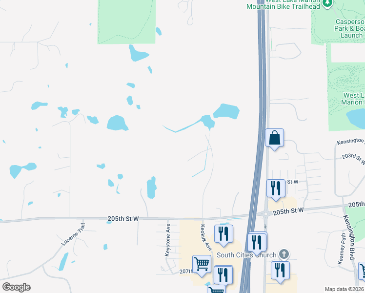 map of restaurants, bars, coffee shops, grocery stores, and more near 11963 205th Street West in Lakeville