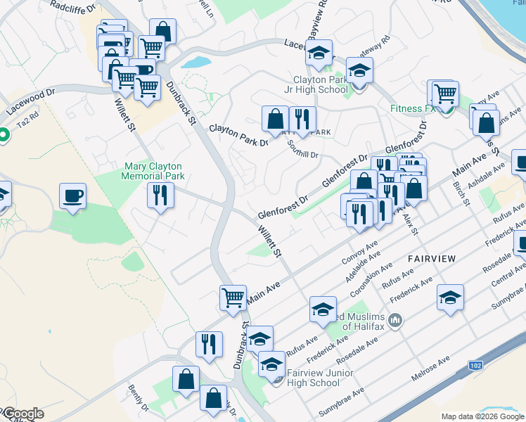 map of restaurants, bars, coffee shops, grocery stores, and more near 211 Glenforest Drive in Halifax