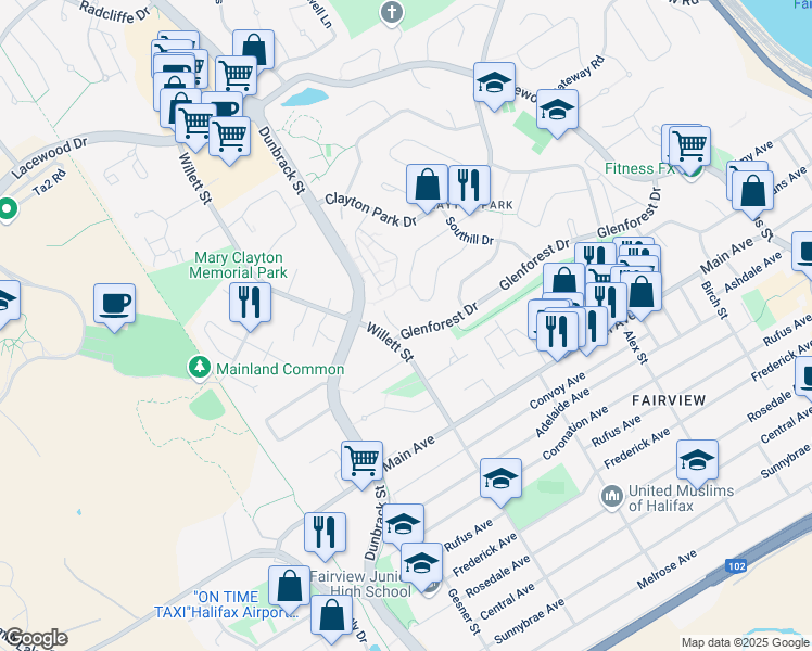 map of restaurants, bars, coffee shops, grocery stores, and more near 210 Glenforest Drive in Halifax