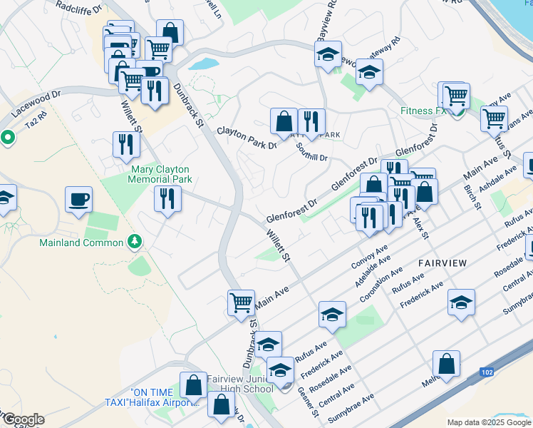 map of restaurants, bars, coffee shops, grocery stores, and more near 187 Willett Street in Halifax