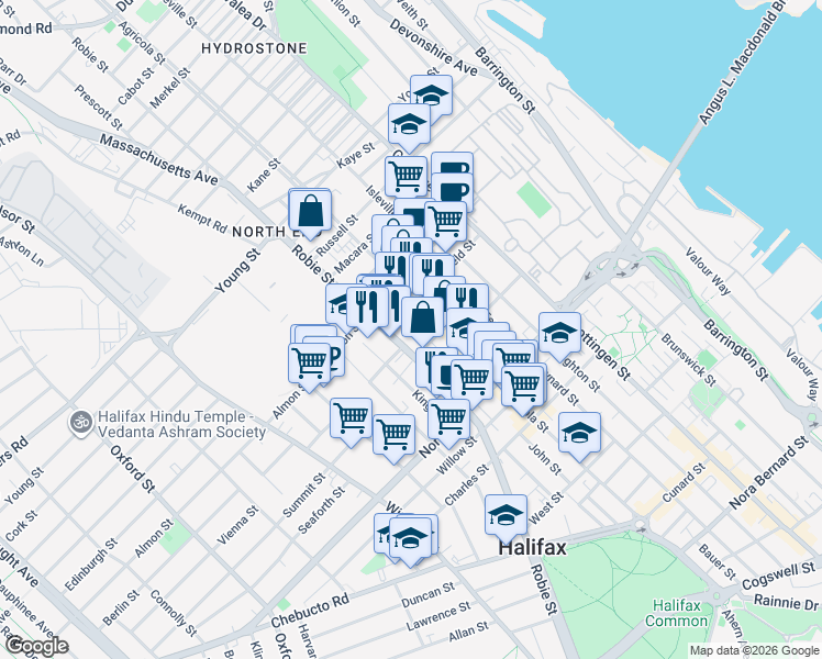 map of restaurants, bars, coffee shops, grocery stores, and more near 2732 Fern Lane in Halifax