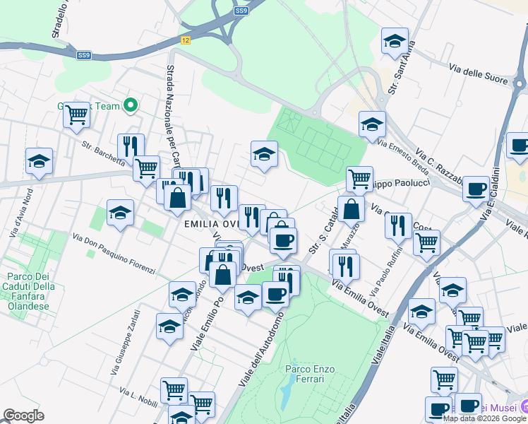 map of restaurants, bars, coffee shops, grocery stores, and more near 135 Via Tabacchi in Modena