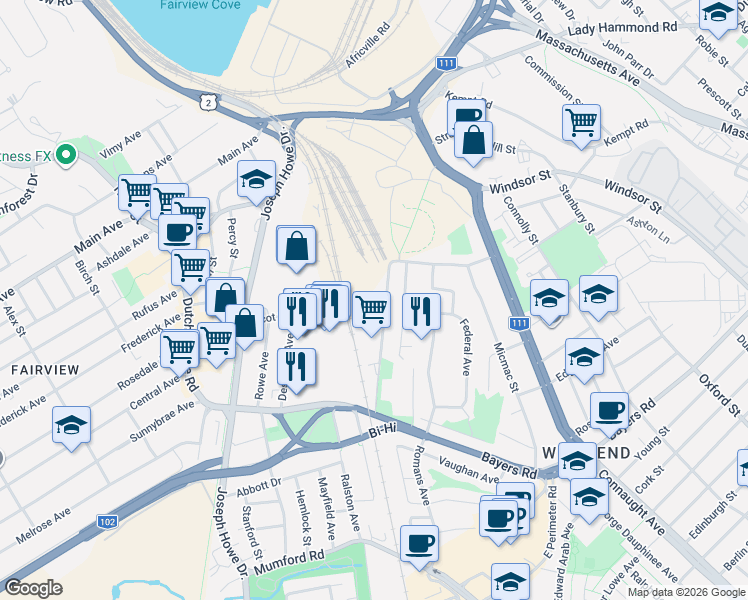 map of restaurants, bars, coffee shops, grocery stores, and more near 6969 Bayers Road in Halifax
