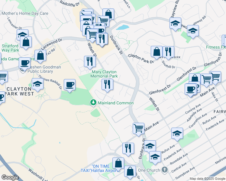 map of restaurants, bars, coffee shops, grocery stores, and more near 19 Westridge Drive in Halifax