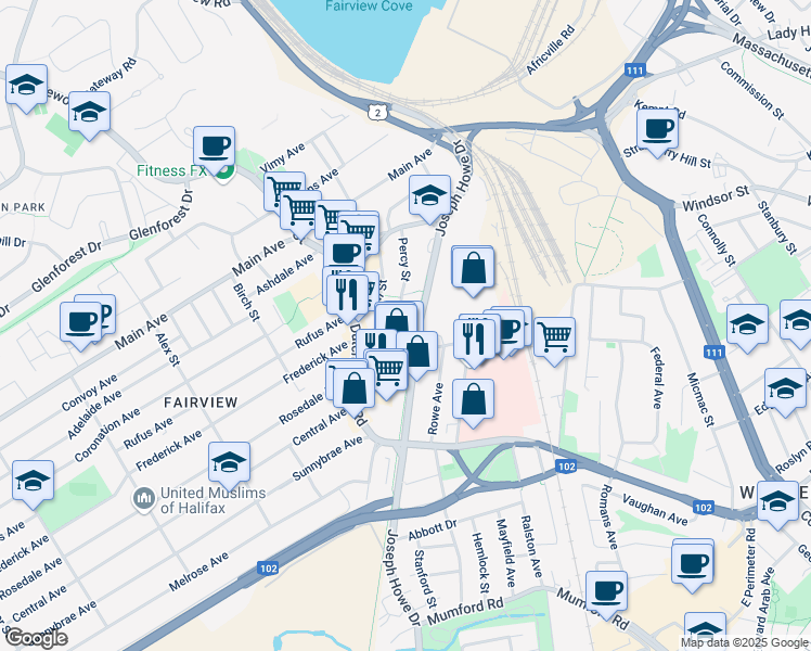 map of restaurants, bars, coffee shops, grocery stores, and more near 3551 Percy Street in Halifax