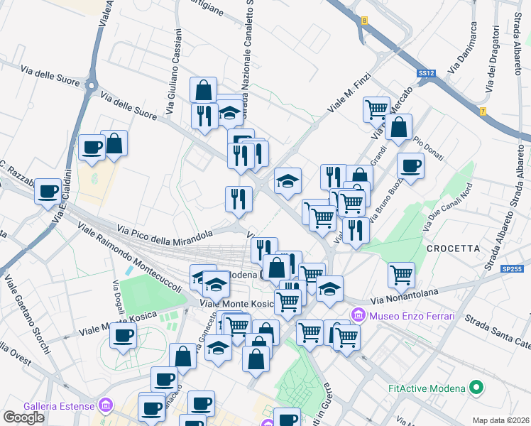 map of restaurants, bars, coffee shops, grocery stores, and more near 109 Strada Nazionale Canaletto Sud in Modena