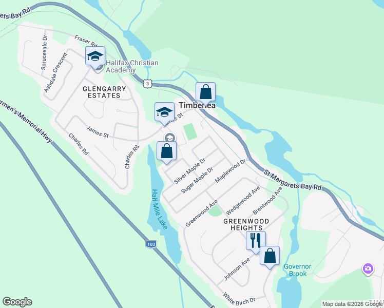 map of restaurants, bars, coffee shops, grocery stores, and more near 16 Cider Maple Drive in Timberlea