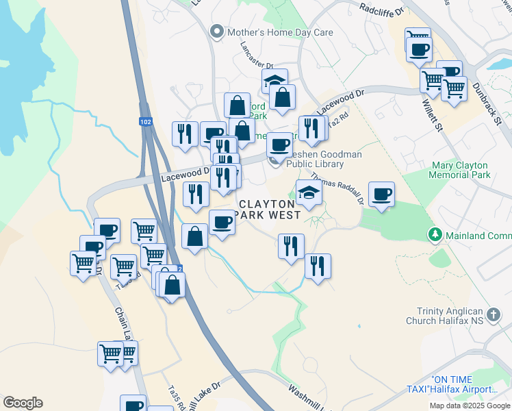 map of restaurants, bars, coffee shops, grocery stores, and more near 78 Regency Park Drive in Halifax