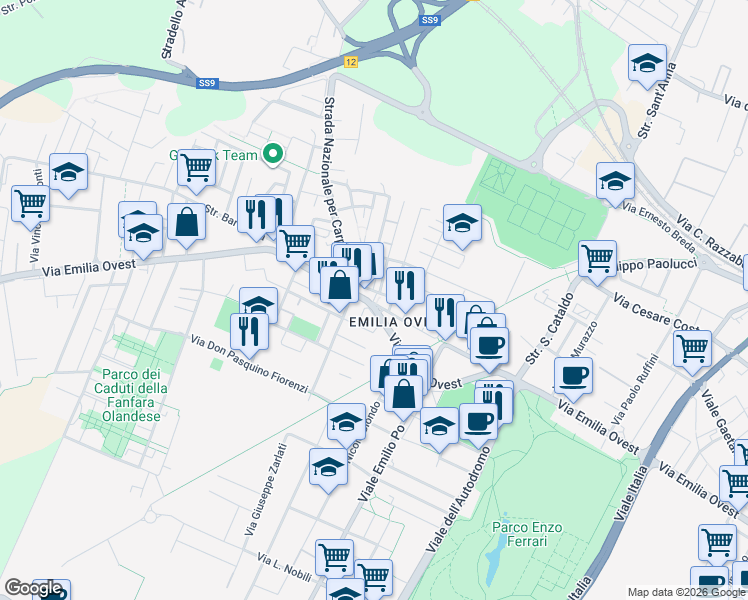 map of restaurants, bars, coffee shops, grocery stores, and more near 1-19 Via Marco Polo in Modena