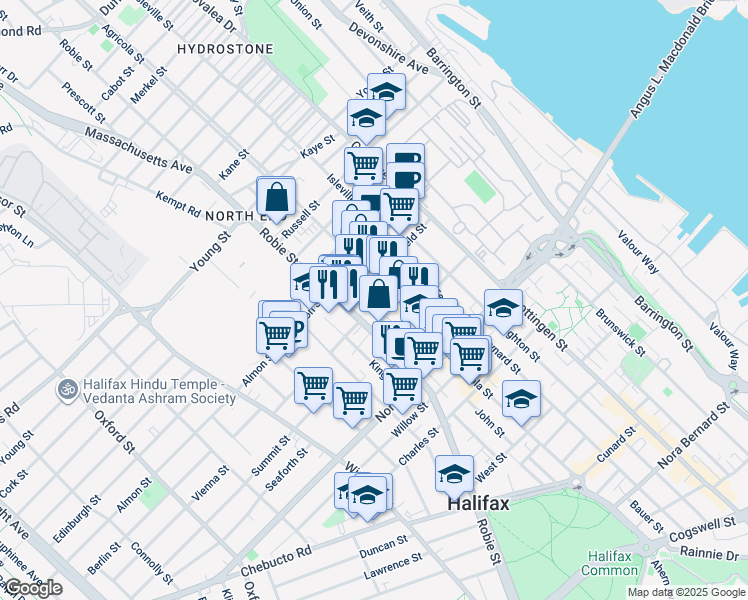 map of restaurants, bars, coffee shops, grocery stores, and more near 2731 Fern Lane in Halifax