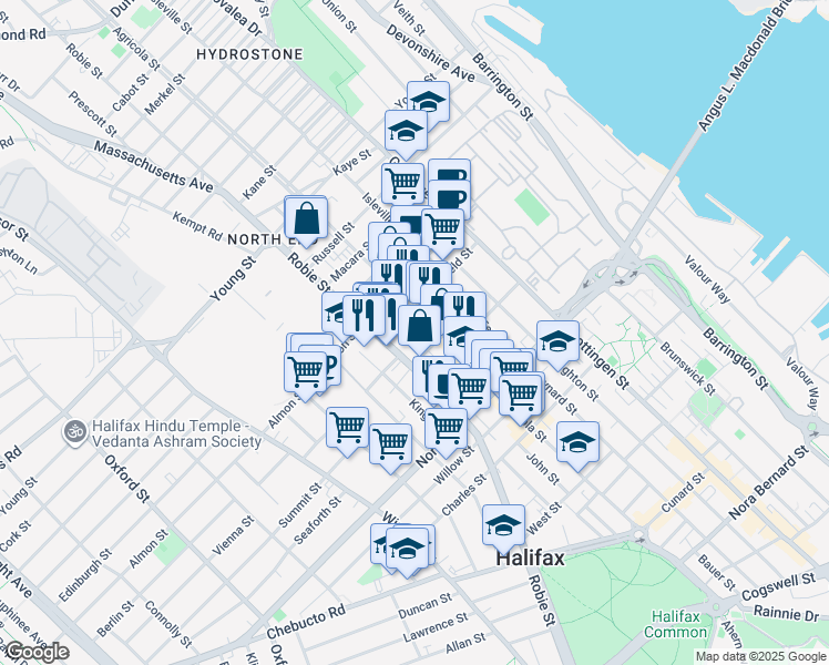 map of restaurants, bars, coffee shops, grocery stores, and more near 2731 Fern Lane in Halifax