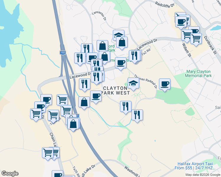 map of restaurants, bars, coffee shops, grocery stores, and more near 78 Regency Park Drive in Halifax