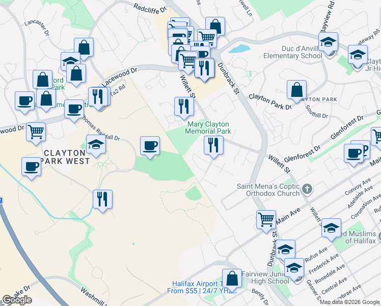 map of restaurants, bars, coffee shops, grocery stores, and more near 57 Westgrove Place in Halifax