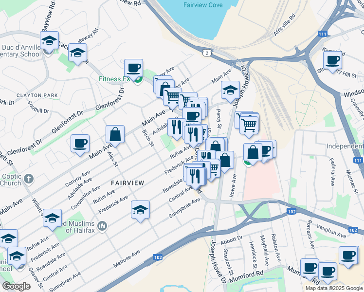 map of restaurants, bars, coffee shops, grocery stores, and more near 7 Frederick Avenue in Halifax