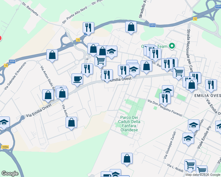 map of restaurants, bars, coffee shops, grocery stores, and more near 755 Via Emilia Ovest in Modena