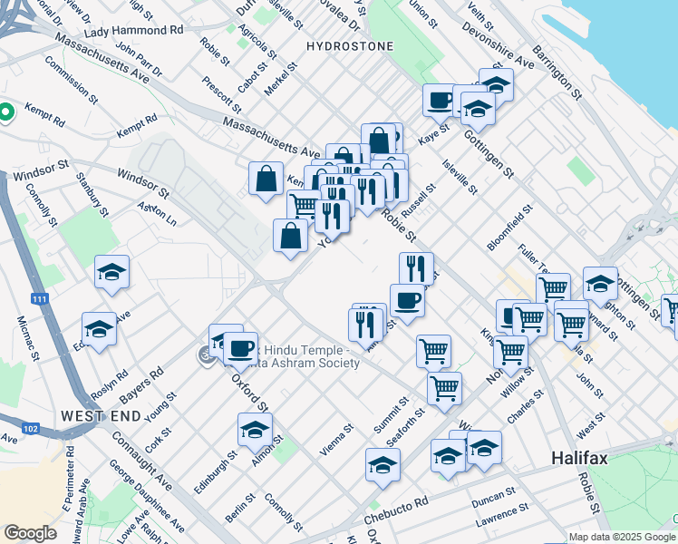 map of restaurants, bars, coffee shops, grocery stores, and more near 3000 Monaghan Drive in Halifax