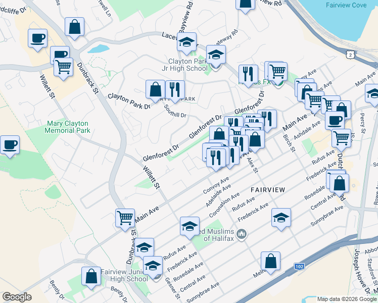 map of restaurants, bars, coffee shops, grocery stores, and more near 28 General Avenue in Halifax